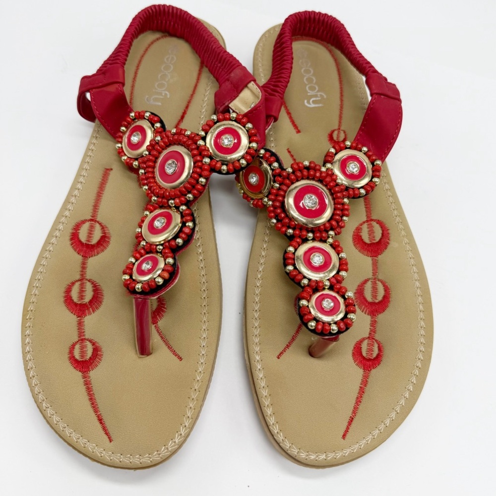 SOCOFY Red Faux Leather Elastic Strap Beaded Thong Sandals 41 US 10